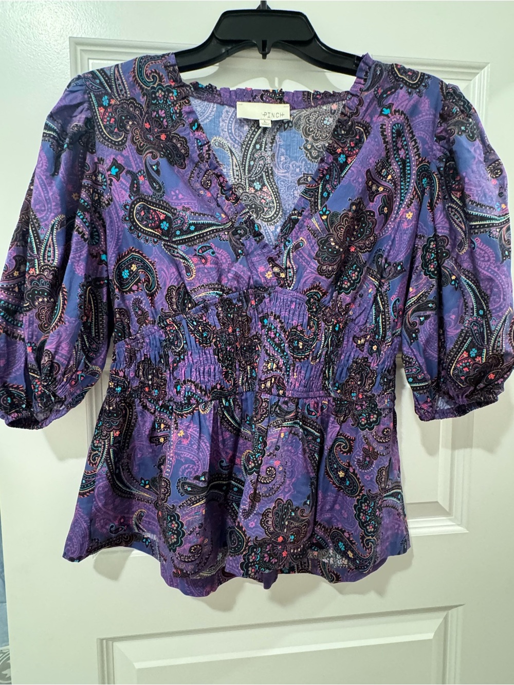 Pinch Purple Paisley Smocked V-Neck Peplum Blouse